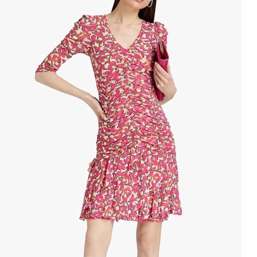 Diane von Furstenberg Ruched Printed Mesh V-Neck Mini Dress Pink Green M